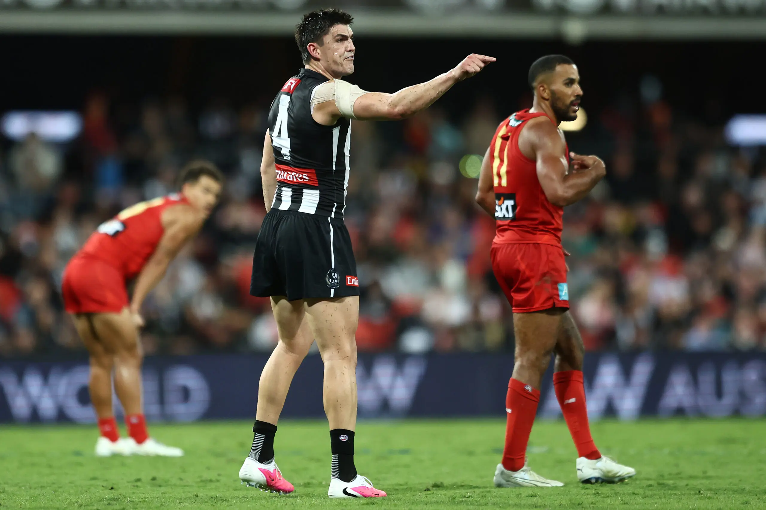 GOLD COAST, AUSTRALIA - JULY 04: Brayden Maynard of the Magpies reacts during the round 17 AFL match between Gold Coast Suns and Collingwood Magpies at People First Stadium, on July 04, 2026, in Gold Coast, Australia. (Photo by Chris Hyde/Getty Images)