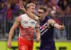 Fremantle star managed as coach makes ruck call PERTH, AUSTRALIA - JULY 09: Mason Cox of the Dockers celebrates a goal during the round 18 AFL match between Fremantle Dockers and Sydney Swans at Optus Stadium, on July 09, 2026, in Perth, Australia. (Photo by Paul Kane/Getty Images)