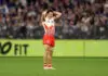 PERTH, AUSTRALIA - JULY 09: Errol Gulden of the Swans reacts during the round 18 AFL match between Fremantle Dockers and Sydney Swans at Optus Stadium, on July 09, 2026, in Perth, Australia. (Photo by Janelle St Pierre/AFL Photos/via Getty Images)