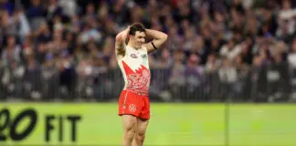 AFL MRO: Sydney Swans join host of clubs on precipice of significant fine for umpire contact PERTH, AUSTRALIA - JULY 09: Errol Gulden of the Swans reacts during the round 18 AFL match between Fremantle Dockers and Sydney Swans at Optus Stadium, on July 09, 2026, in Perth, Australia. (Photo by Janelle St Pierre/AFL Photos/via Getty Images)