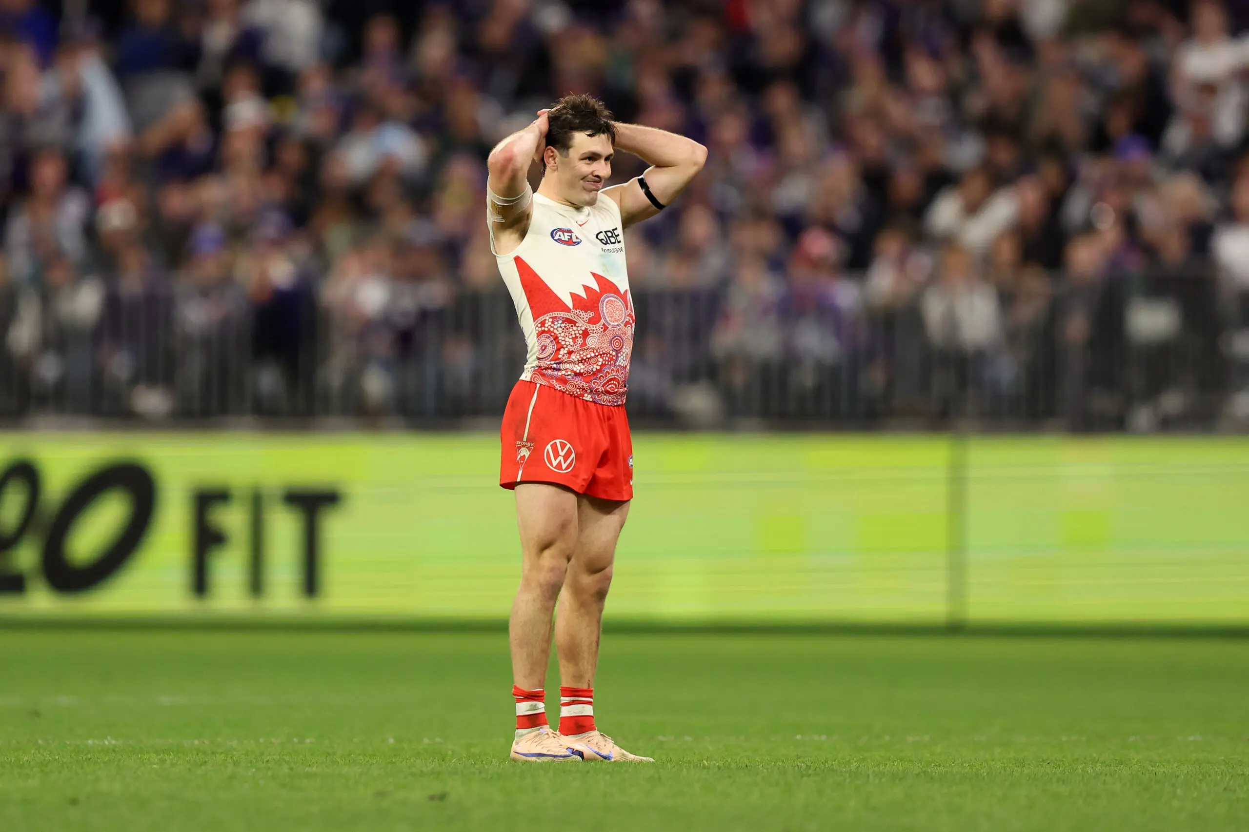 PERTH, AUSTRALIA - JULY 09: Errol Gulden of the Swans reacts during the round 18 AFL match between Fremantle Dockers and Sydney Swans at Optus Stadium, on July 09, 2026, in Perth, Australia. (Photo by Janelle St Pierre/AFL Photos/via Getty Images)