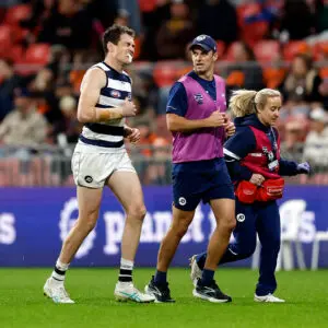 SYDNEY, AUSTRALIA - JULY 11: Jeremy Cameron of the Cats leaves the field during the round 18 AFL match between Greater Western Sydney Giants and Geelong Cats at ENGIE Stadium, on July 11, 2026, in Sydney, Australia. (Photo by Brendon Thorne/AFL Photos/Getty Images)