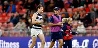 Geelong superstar Cameron learns injury fate SYDNEY, AUSTRALIA - JULY 11: Jeremy Cameron of the Cats leaves the field during the round 18 AFL match between Greater Western Sydney Giants and Geelong Cats at ENGIE Stadium, on July 11, 2026, in Sydney, Australia. (Photo by Brendon Thorne/AFL Photos/Getty Images)