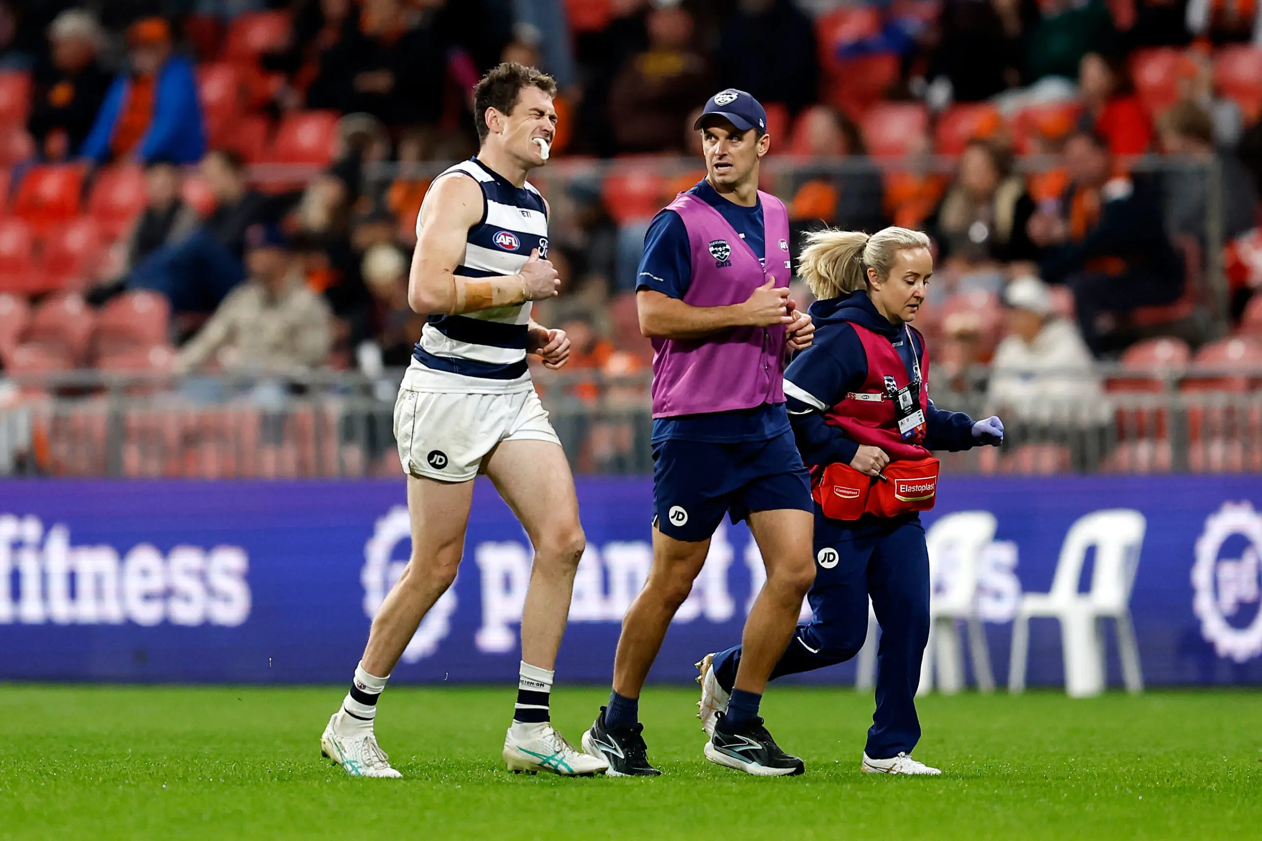 SYDNEY, AUSTRALIA - JULY 11: Jeremy Cameron of the Cats leaves the field during the round 18 AFL match between Greater Western Sydney Giants and Geelong Cats at ENGIE Stadium, on July 11, 2026, in Sydney, Australia. (Photo by Brendon Thorne/AFL Photos/Getty Images)