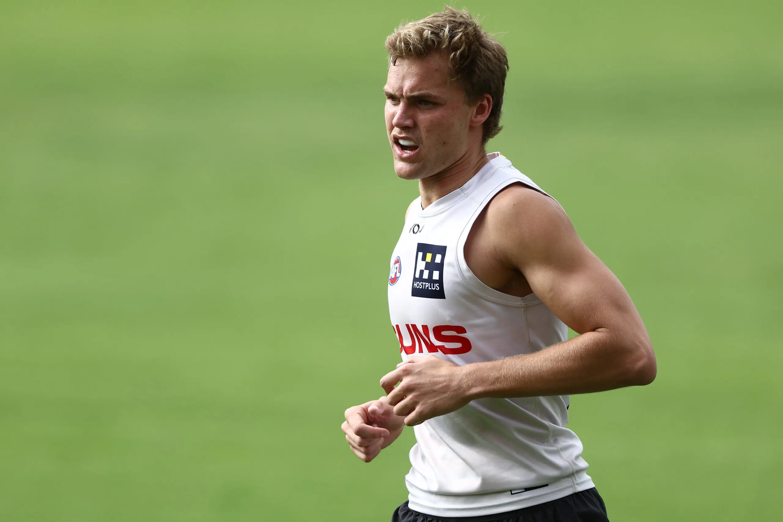 GOLD COAST, AUSTRALIA - JULY 17: Caleb Lewis during a Gold Coast Suns Training Session at People First Stadium on July 17, 2026 in Gold Coast, Australia. (Photo by Chris Hyde/Getty Images)
