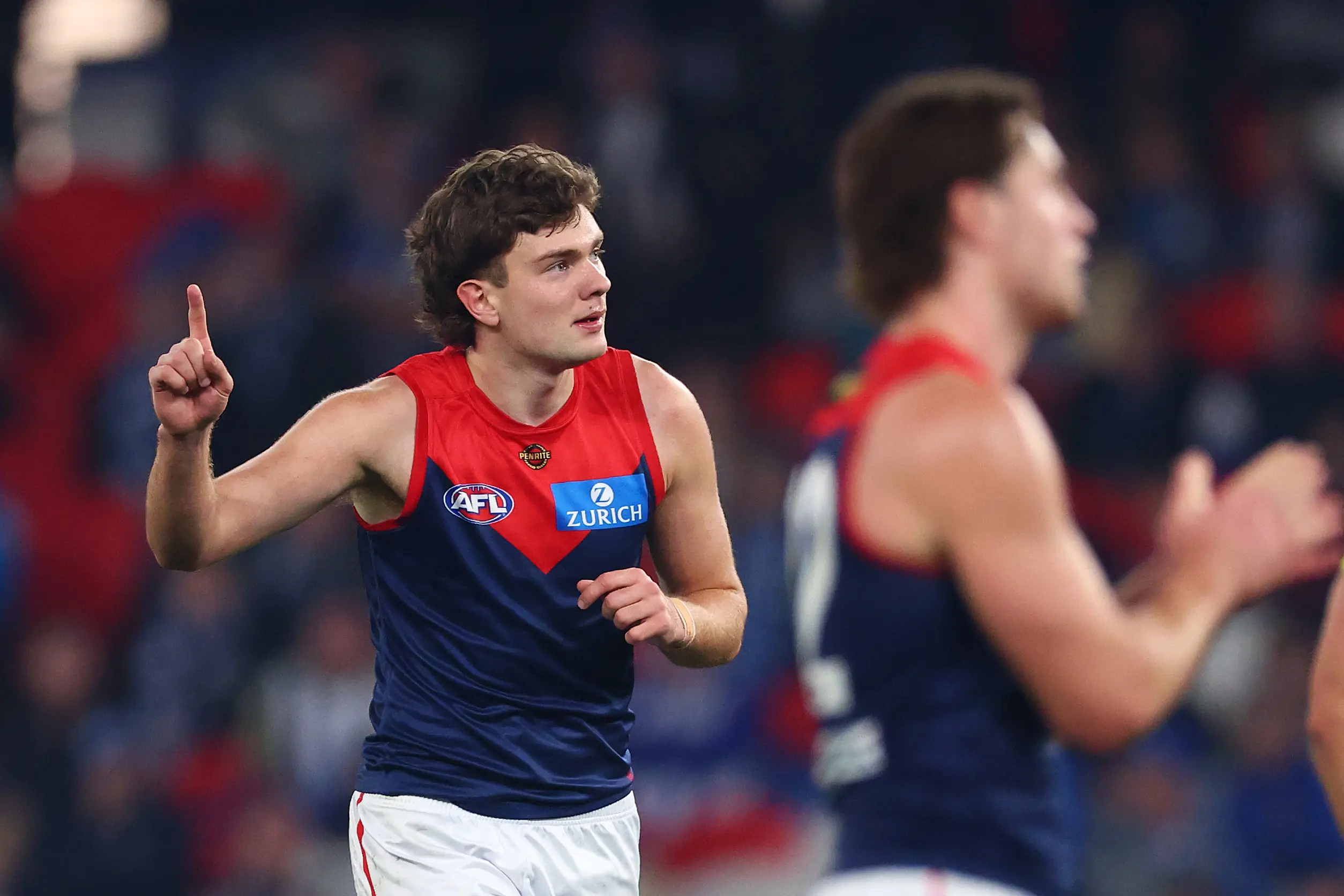 MELBOURNE, AUSTRALIA - JULY 18: Matthew Jefferson of the Demons celebrates kicking a goal during the round 19 AFL match between North Melbourne Kangaroos and Melbourne Demons at Marvel Stadium, on July 18, 2026, in Melbourne, Australia. (Photo by Daniel Pockett/Getty Images)
