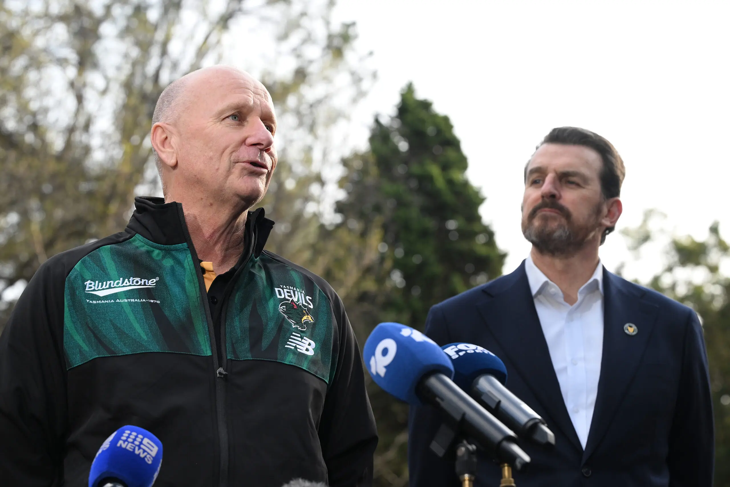 HOBART, AUSTRALIA - JULY 20: Ken Hinkley speaks to the media during a Tasmania Devils AFL Media Opportunity announcing the inaugural coaching appointment on July 20, 2026 in Hobart, Australia. (Photo by Steve Bell/Getty Images)