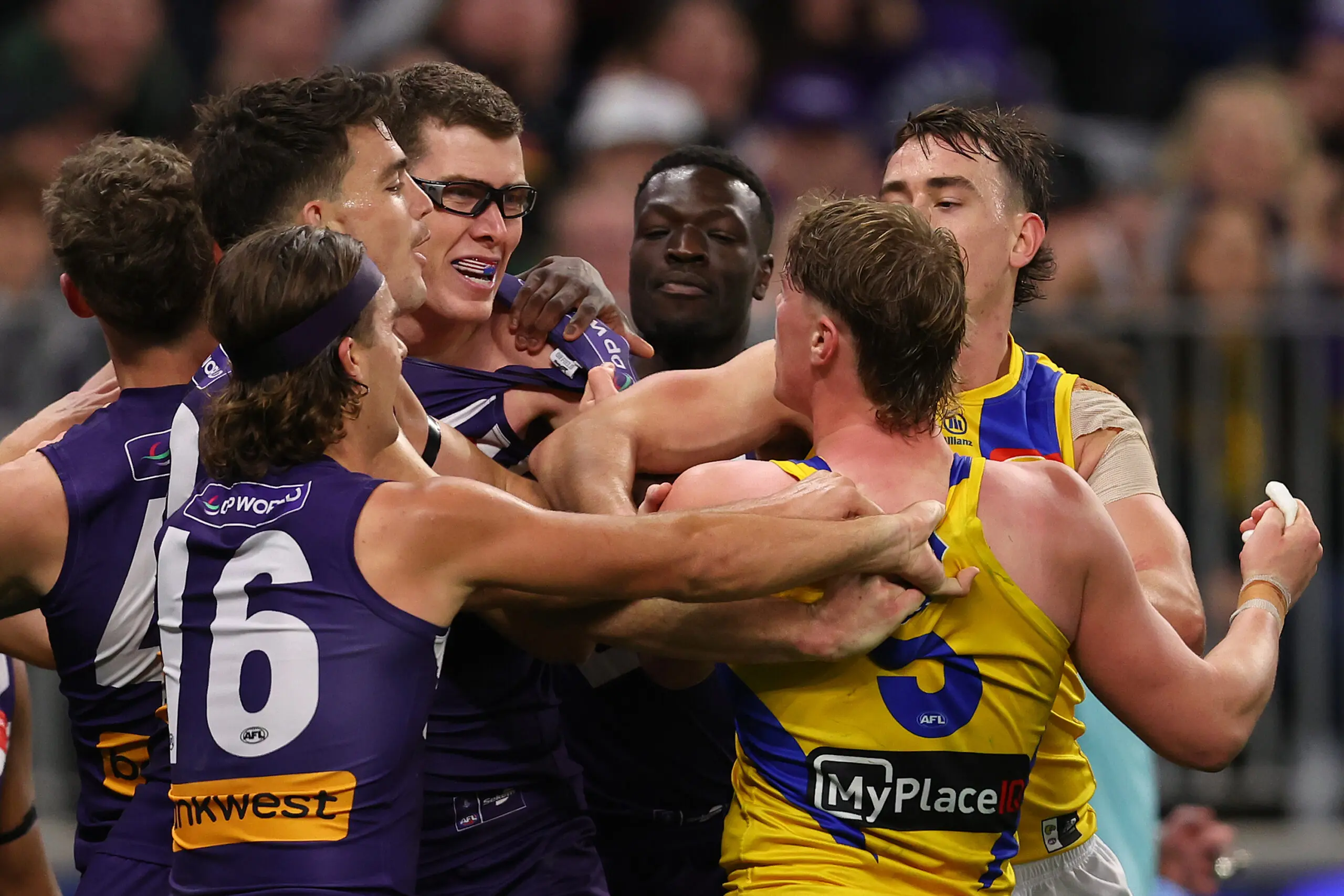 PERTH, AUSTRALIA - JULY 24: Mason Cox of the Dockers remonstrates with Harley Reid of the Eagles after kicking a goal during the round 20 AFL match between Fremantle Dockers and West Coast Eagles at Optus Stadium, on July 24, 2026, in Perth, Australia. (Photo by Paul Kane/Getty Images)