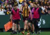 MELBOURNE, AUSTRALIA - JULY 25: Mitch Lewis of the Hawks leaves the field with trainers during the round 20 AFL match between Hawthorn Hawks and Essendon Bombers at Melbourne Cricket Ground, on July 25, 2026, in Melbourne, Australia. (Photo by Daniel Pockett/Getty Images)