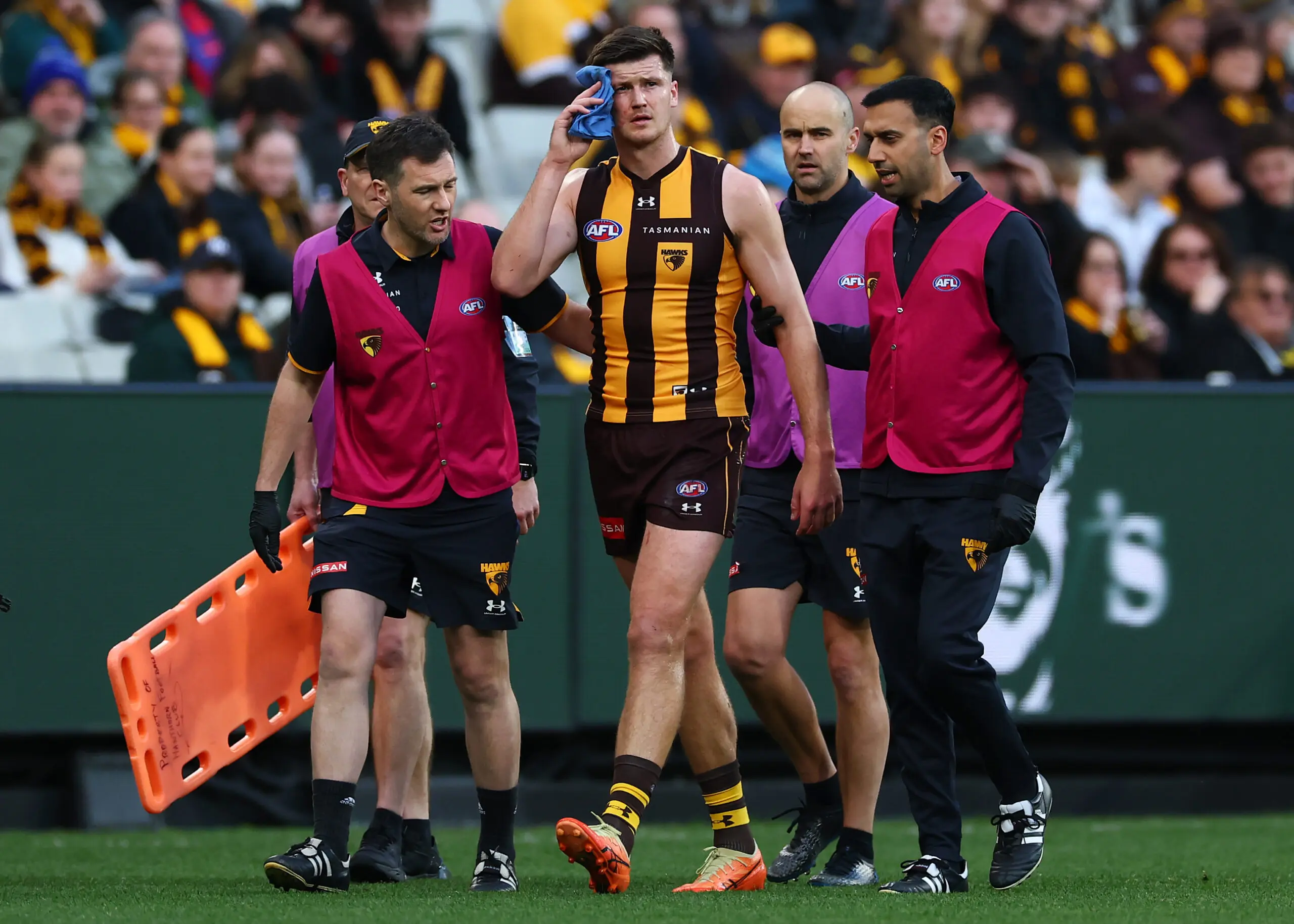 MELBOURNE, AUSTRALIA - JULY 25: Mitch Lewis of the Hawks leaves the field with trainers during the round 20 AFL match between Hawthorn Hawks and Essendon Bombers at Melbourne Cricket Ground, on July 25, 2026, in Melbourne, Australia. (Photo by Daniel Pockett/Getty Images)