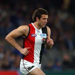 MELBOURNE, AUSTRALIA - JULY 26: Max King of the Saints runs onto the field during the round 20 AFL match between North Melbourne Kangaroos and St Kilda Saints at Marvel Stadium, on July 26, 2026, in Melbourne, Australia. (Photo by Robert Cianflone/Getty Images)