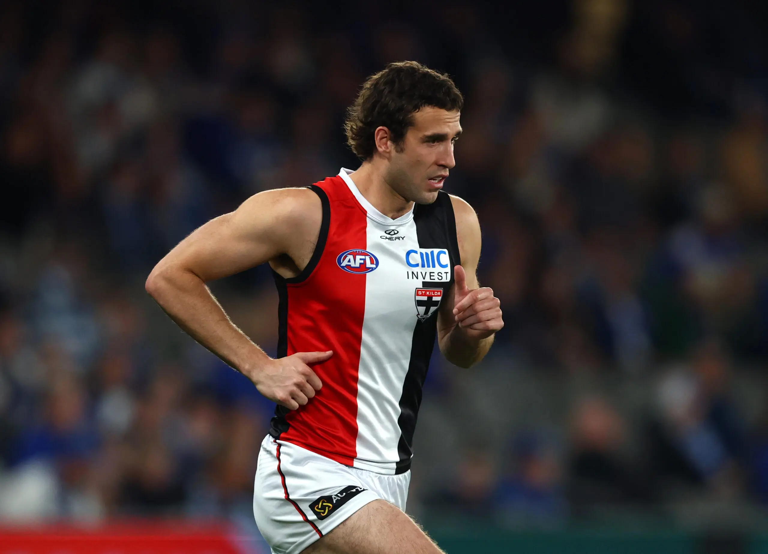 MELBOURNE, AUSTRALIA - JULY 26: Max King of the Saints runs onto the field during the round 20 AFL match between North Melbourne Kangaroos and St Kilda Saints at Marvel Stadium, on July 26, 2026, in Melbourne, Australia. (Photo by Robert Cianflone/Getty Images)