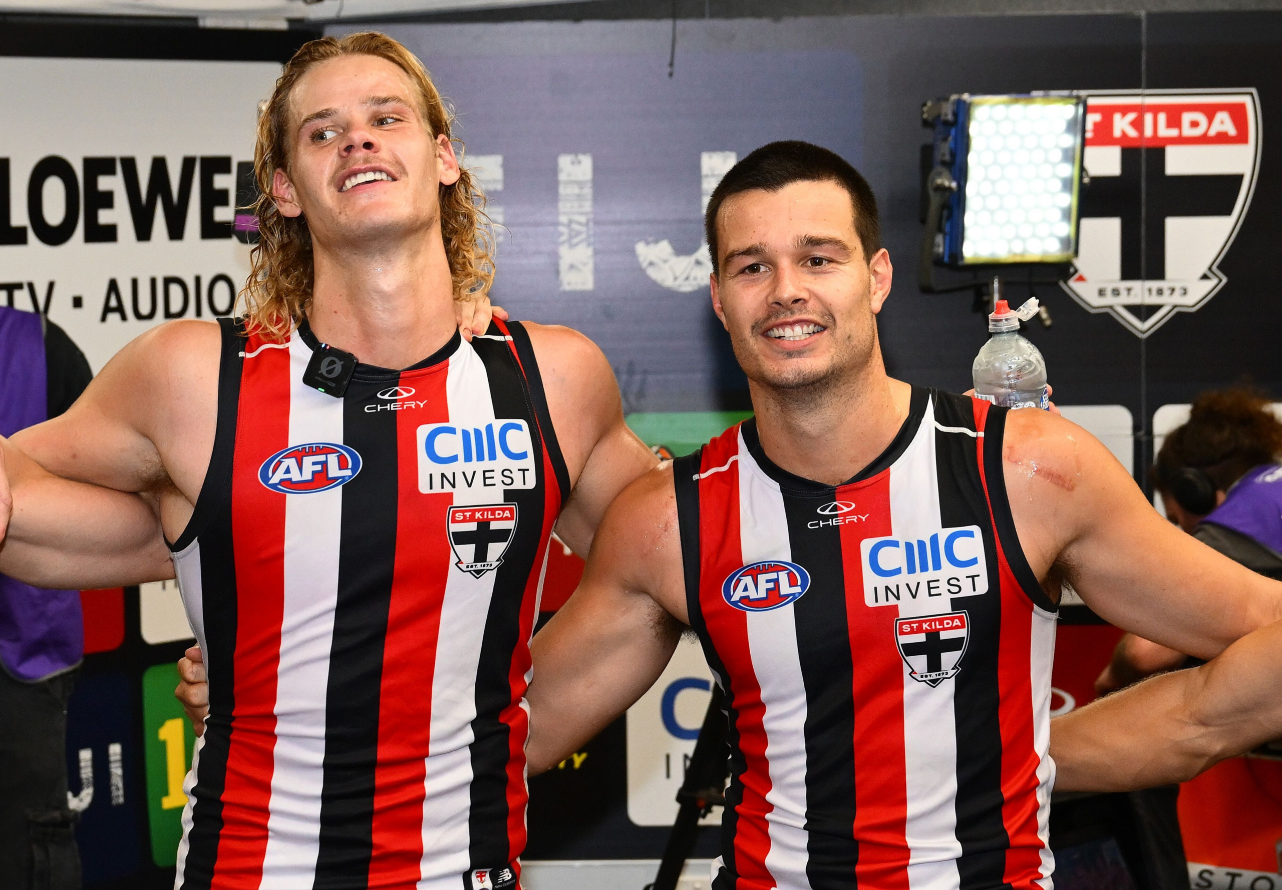 Jack Silvagni and Tom De Koning celebrating a win. Credit: St Kilda Football Club