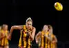 MELBOURNE, AUSTRALIA - NOVEMBER 07: Emily Everist of the Hawks in action during the 2025 AFLW First Qualifying Final match between the North Melbourne Tasmanian Kangaroos and the Hawthorn Hawks at Ikon Park on November 7, 2025 in Melbourne, Australia. (Photo by Michael Willson/AFL Photos via Getty Images)
