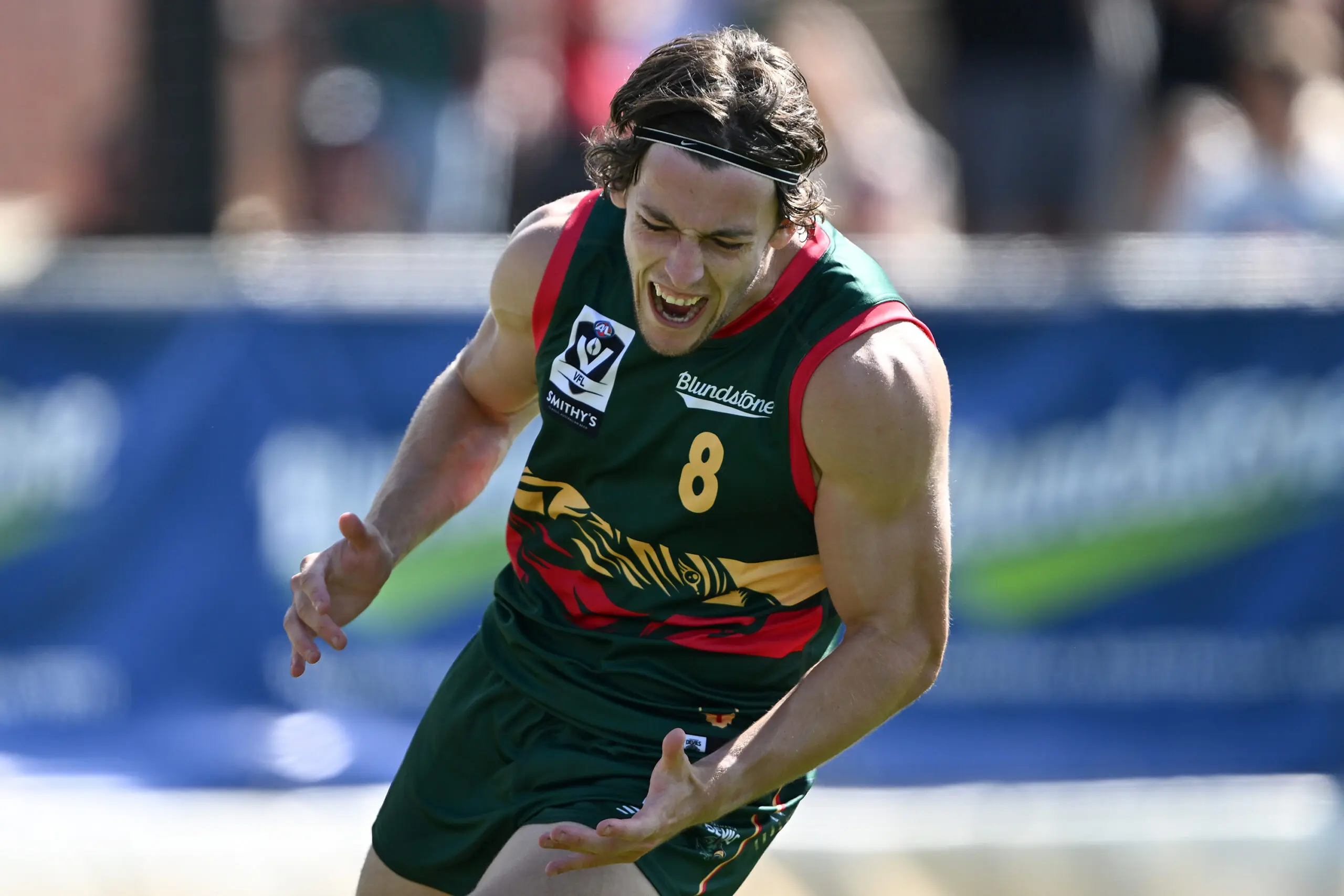 HOBART, AUSTRALIA - MARCH 21: Brandon Leary of the Devils reacts after missing a goal during the round one VFL match between Tasmania Devils and Coburg Lions at North Hobart Oval on March 21, 2026 in Hobart, Australia. (Photo by Steve Bell/Getty Images)