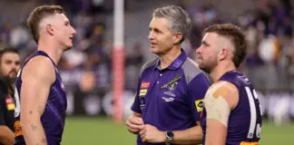 Fremantle is closer than ever to a flag, THIS is the reason behind the Dockers’ success PERTH, AUSTRALIA - APRIL 25: Justin Longmuir, Senior Coach of the Dockers talks to Josh Treacy of the Dockers after their win during the round seven AFL match between Fremantle Dockers and Carlton Blues at Optus Stadium, on April 25, 2026, in Perth, Australia. (Photo by Janelle St Pierre/AFL Photos/via Getty Images)