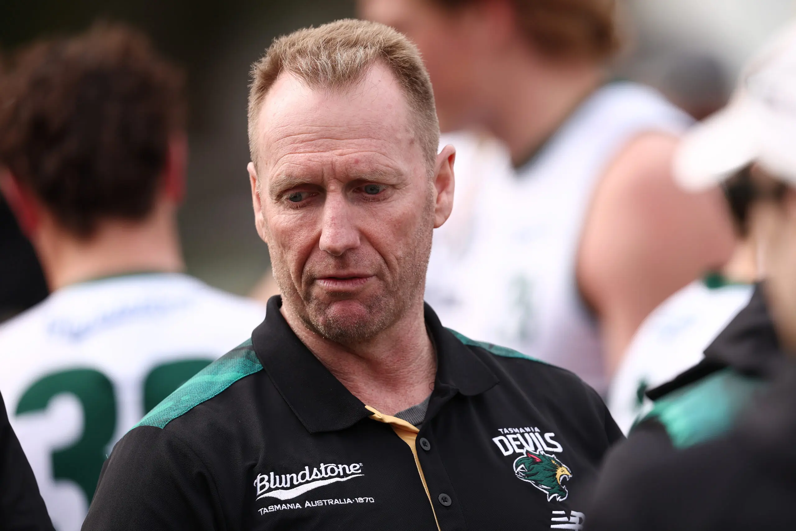 MELBOURNE, AUSTRALIA - MAY 31: Matthew Knights, Academy Development Coach watches on during the round 10 VFL match between Port Melbourne and Tasmania Devils at ETU Stadium, on May 31, 2026, in Melbourne, Australia. (Photo by Morgan Hancock/Getty Images)