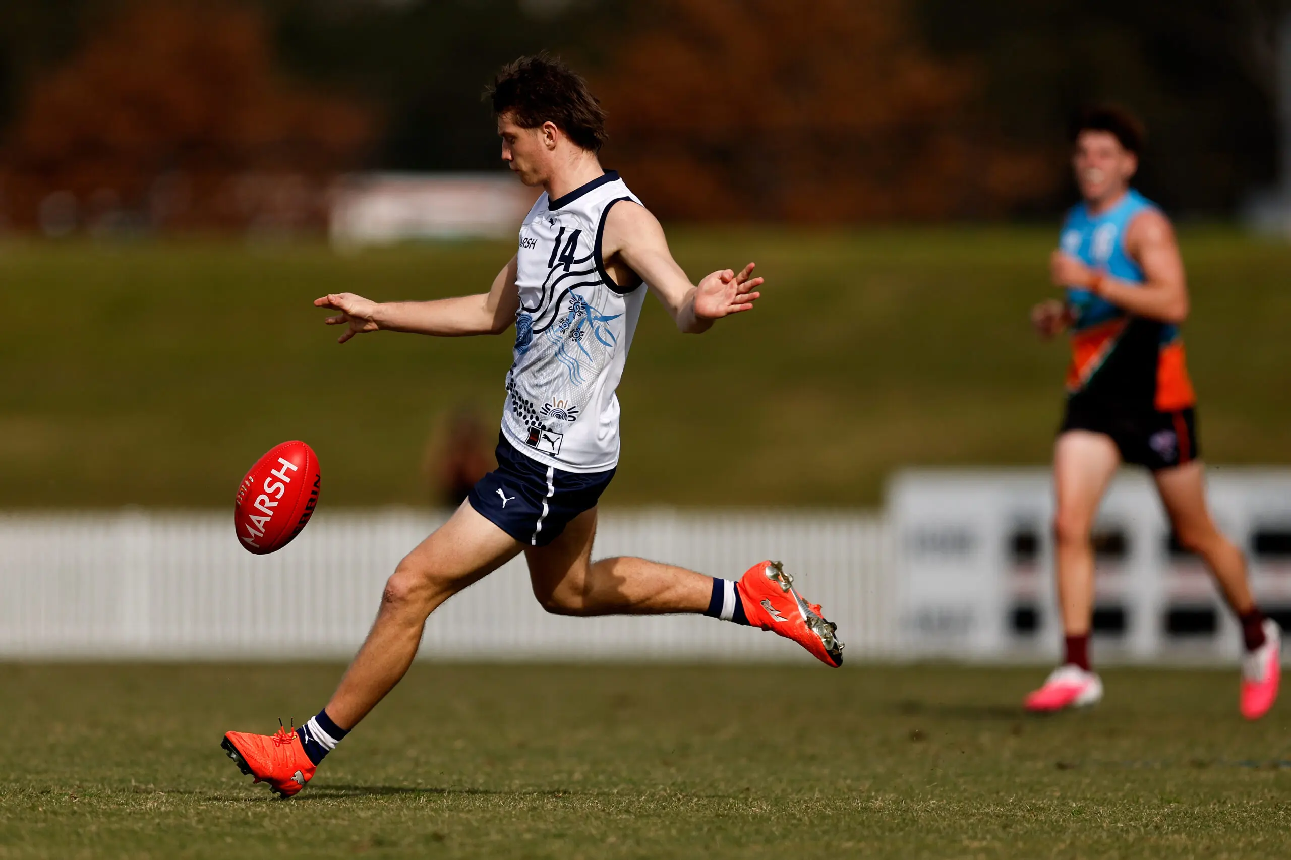 SYDNEY, AUSTRALIA - JUNE 14: Archie Elliott of Victoria Country kicks during the Marsh AFL National Championships U18 Boys match between Allies and Victoria at Blacktown International Sportspark on June 14, 2026 in Sydney, Australia. (Photo by Brendon Thorne/AFL Photos/via Getty Images)