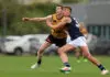 PERTH, AUSTRALIA - JUNE 20: Lewis Houndsome of Victoria Metro and Axel Walsh of Western Australia contests the ruck during the Marsh AFL National Championships U18 Boys match between Western Australia and Victoria Metro at Cockburn ARC Oval on June 20, 2026 in Perth, Australia. (Photo by Janelle St Pierre/AFL Photos/via Getty Images)