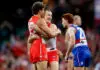 SYDNEY, AUSTRALIA - JULY 03: Charlie Curnow of the Swans celebrates kicking a goal with team mate Chad Warner during the round 17 AFL match between Sydney Swans and Western Bulldogs at Sydney Cricket Ground, on July 03, 2026, in Sydney, Australia. (Photo by Brendon Thorne/AFL Photos/via Getty Images)