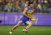 PERTH, AUSTRALIA - JULY 03: Marcus Herbert of the Eagles looks to dispose the ball during the round 17 AFL match between West Coast Eagles and Adelaide Crows at Optus Stadium, on July 03, 2026, in Perth, Australia. (Photo by James Worsfold/Getty Images)