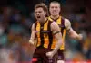 Hawthorn cult hero registers 80-year first as further history beckons LAUNCESTON, AUSTRALIA - AUGUST 01: Nick Watson of the Hawks celebrates a goal during the 2026 AFL Round 21 match between the Hawthorn Hawks and the North Melbourne Kangaroos at UTAS Stadium on August 1, 2026 in Launceston, Australia. (Photo by Michael Willson/AFL Photos via Getty Images)