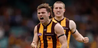 Hawthorn coach on Watson management, selection headaches ahead of AFL finals LAUNCESTON, AUSTRALIA - AUGUST 01: Nick Watson of the Hawks celebrates a goal during the 2026 AFL Round 21 match between the Hawthorn Hawks and the North Melbourne Kangaroos at UTAS Stadium on August 1, 2026 in Launceston, Australia. (Photo by Michael Willson/AFL Photos via Getty Images)