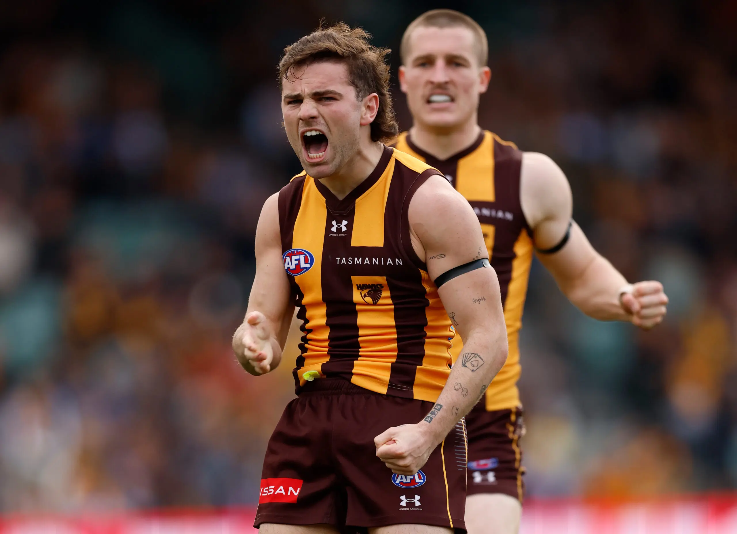 LAUNCESTON, AUSTRALIA - AUGUST 01: Nick Watson of the Hawks celebrates a goal during the 2026 AFL Round 21 match between the Hawthorn Hawks and the North Melbourne Kangaroos at UTAS Stadium on August 1, 2026 in Launceston, Australia. (Photo by Michael Willson/AFL Photos via Getty Images)