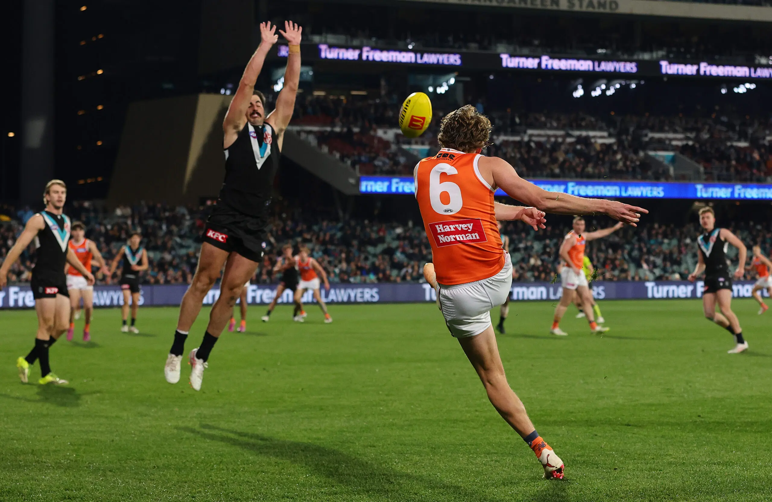 ADELAIDE, AUSTRALIA - AUGUST 01: Lachie Whitfield of the Giants kicks a goal during the 2026 AFL Round 21 match between the Port Adelaide Power and the GWS Giants at Adelaide Oval on August 1, 2026 in Adelaide, Australia. (Photo by Sarah Reed/AFL Photos via Getty Images)
