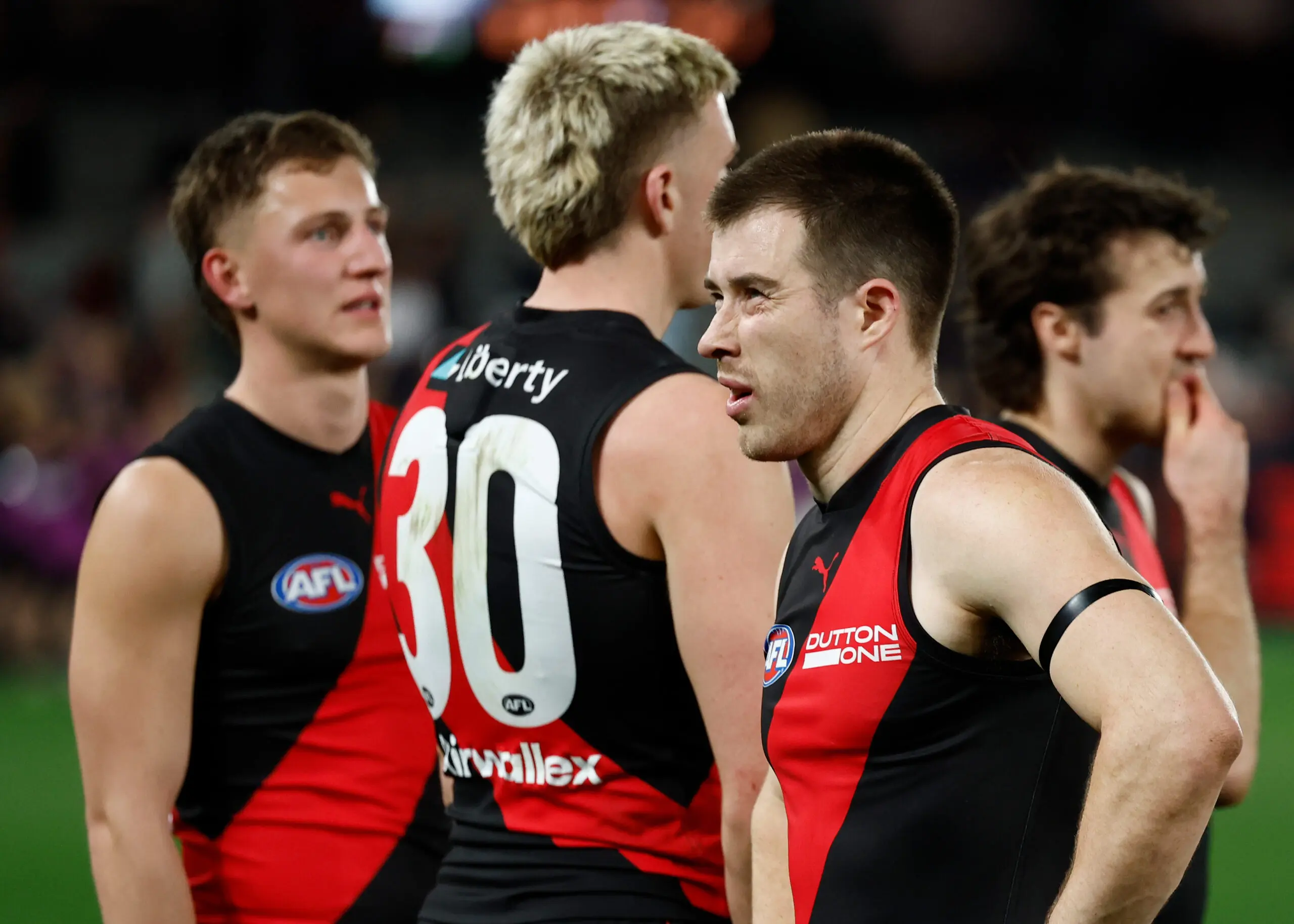 MELBOURNE, AUSTRALIA - AUGUST 02: Zach Merrett of the Bombers looks dejected after a loss during the 2026 AFL Round 21 match between the Essendon Bombers and the Adelaide Crows at Marvel Stadium on August 2, 2026 in Melbourne, Australia. (Photo by Michael Willson/AFL Photos via Getty Images)