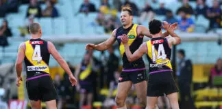 A severe bout of the yips costs Eagles a likely victory over the Tigers MELBOURNE, AUSTRALIA - AUGUST 02: Toby Nankervis of the Tigers celebrates kicking a goal during the round 21 AFL match between Richmond Tigers and West Coast Eagles at Melbourne Cricket Ground, on August 02, 2026, in Melbourne, Australia. (Photo by Daniel Pockett/Getty Images)