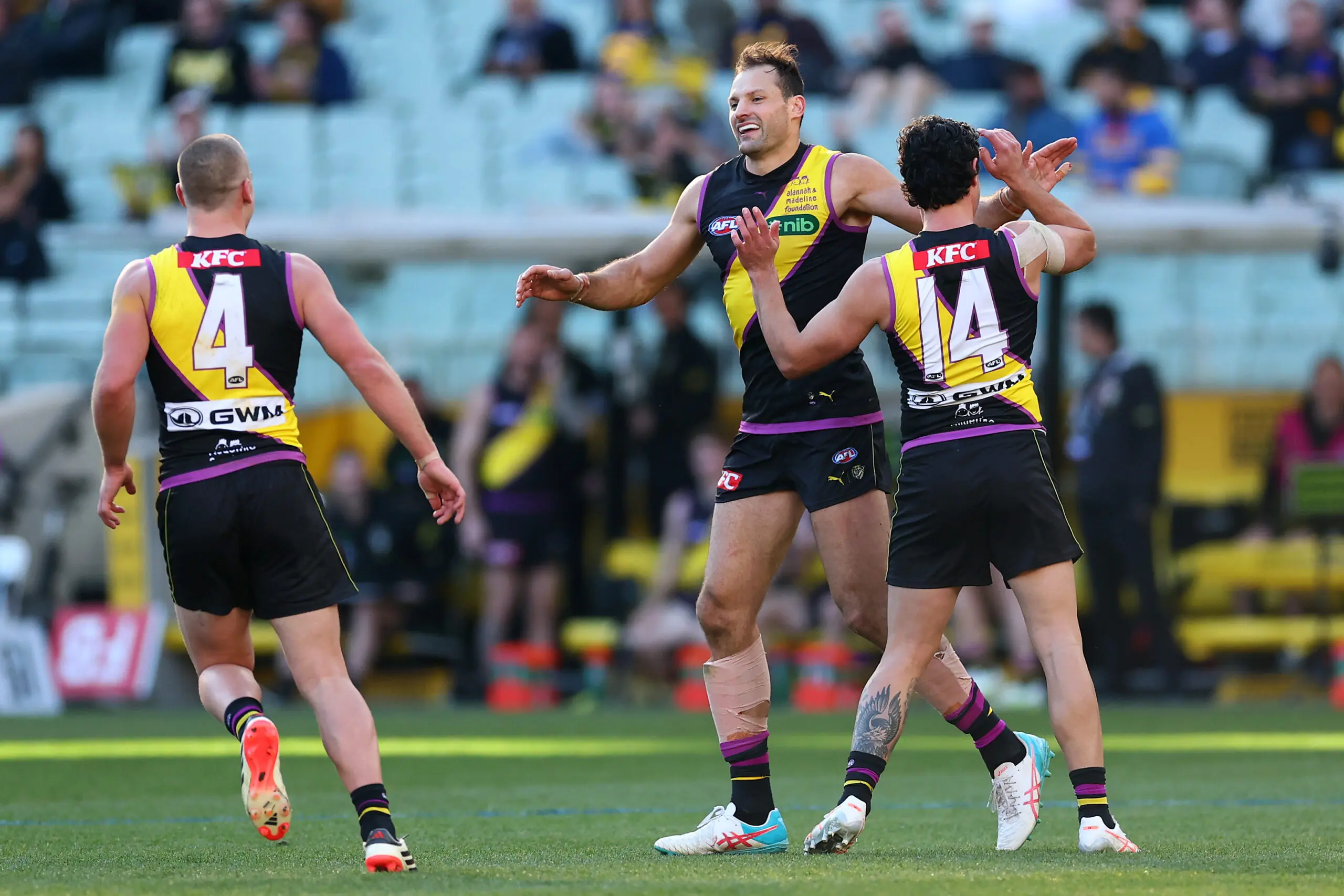 MELBOURNE, AUSTRALIA - AUGUST 02: Toby Nankervis of the Tigers celebrates kicking a goal during the round 21 AFL match between Richmond Tigers and West Coast Eagles at Melbourne Cricket Ground, on August 02, 2026, in Melbourne, Australia. (Photo by Daniel Pockett/Getty Images)