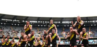 Richmond flag heroes say their farewells in emotional MCG exit MELBOURNE, AUSTRALIA - AUGUST 15: (L-R) Dion Prestia, Tom Lynch and Nathan Broad of the Tigers are chaired off after playing their final game (Prestia and Broad) and 250th (Lynch) during the round 23 AFL match between Richmond Tigers and St Kilda Saints at Melbourne Cricket Ground, on August 15, 2026, in Melbourne, Australia. (Photo by Daniel Pockett/Getty Images)