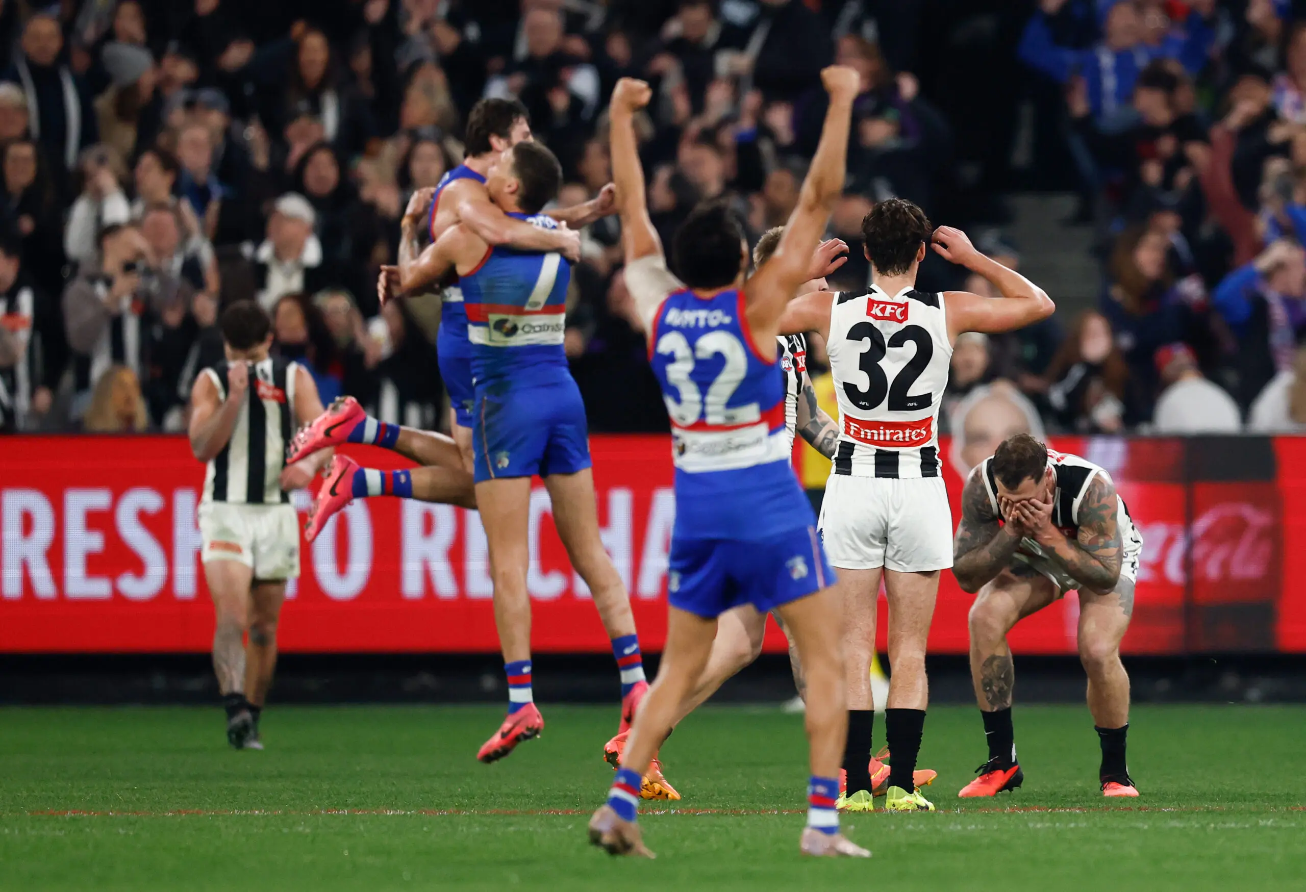 MELBOURNE, AUSTRALIA - AUGUST 28: Tim Membrey of the Magpies rues a missed shot after the siren during the 2026 AFL Second Wildcard Final between the Western Bulldogs and the Collingwood Magpies at the Melbourne Cricket Ground on August 28, 2026 in Melbourne, Australia. (Photo by Michael Willson/AFL Photos via Getty Images)