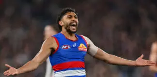 In-demand forward expected to shun interest, commit AFL future to the Bulldogs MELBOURNE, AUSTRALIA - AUGUST 28: Arthur Jones of the Bulldogs celebrates a goal during the AFL Wildcard Final match between Western Bulldogs and Collingwood Magpies at Melbourne Cricket Ground, on August 28, 2026, in Melbourne, Australia. (Photo by Quinn Rooney/Getty Images)