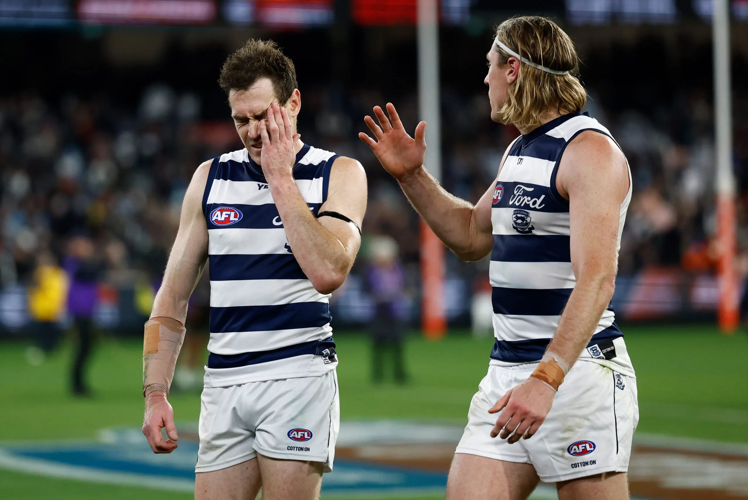 MELBOURNE, AUSTRALIA - MAY 29: Jeremy Cameron (left) and Mark Blicavs of the Cats look dejected after a loss during the 2026 AFL Round 12 match between the Carlton Blues and the Geelong Cats at the Melbourne Cricket Ground on May 29, 2026 in Melbourne, Australia. (Photo by Michael Willson/AFL Photos via Getty Images)