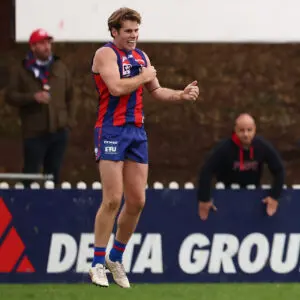 MELBOURNE, AUSTRALIA - MAY 31: Kaine Baldwin of Port Melbourne celebrates kicking the winning goal during the round 10 VFL match between Port Melbourne and Tasmania Devils at ETU Stadium, on May 31, 2026, in Melbourne, Australia. (Photo by Morgan Hancock/Getty Images)