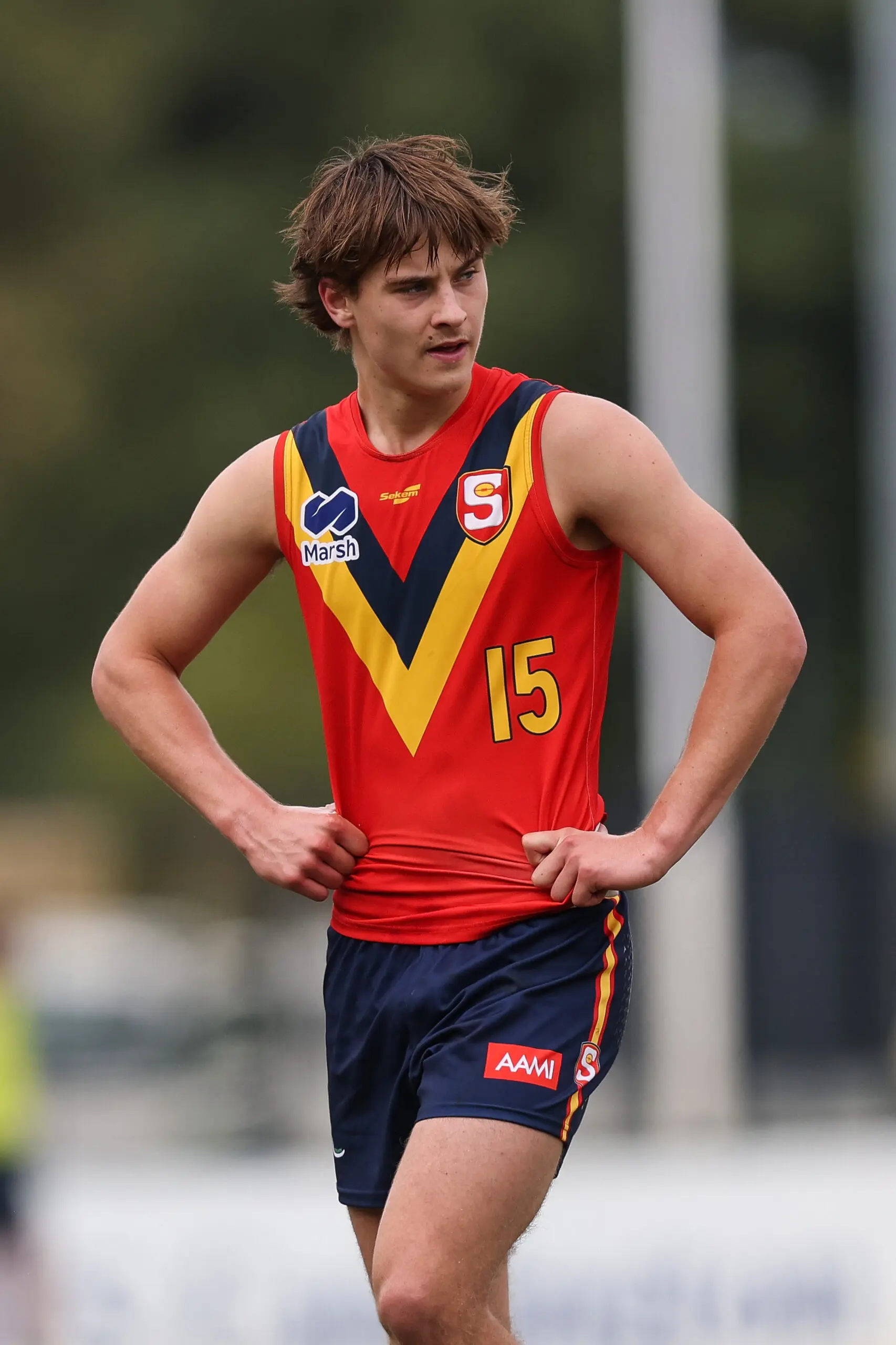 PERTH, AUSTRALIA - JUNE 13: Kodah Edwards (c) of South Australia during the 2026 Marsh AFL National Championships U18 Boys match between Western Australia and South Australia at Mineral Resources Park on June 13th, 2026 in Perth, Australia. (Photo by Travis Hayto/AFL Photos via Getty Images)