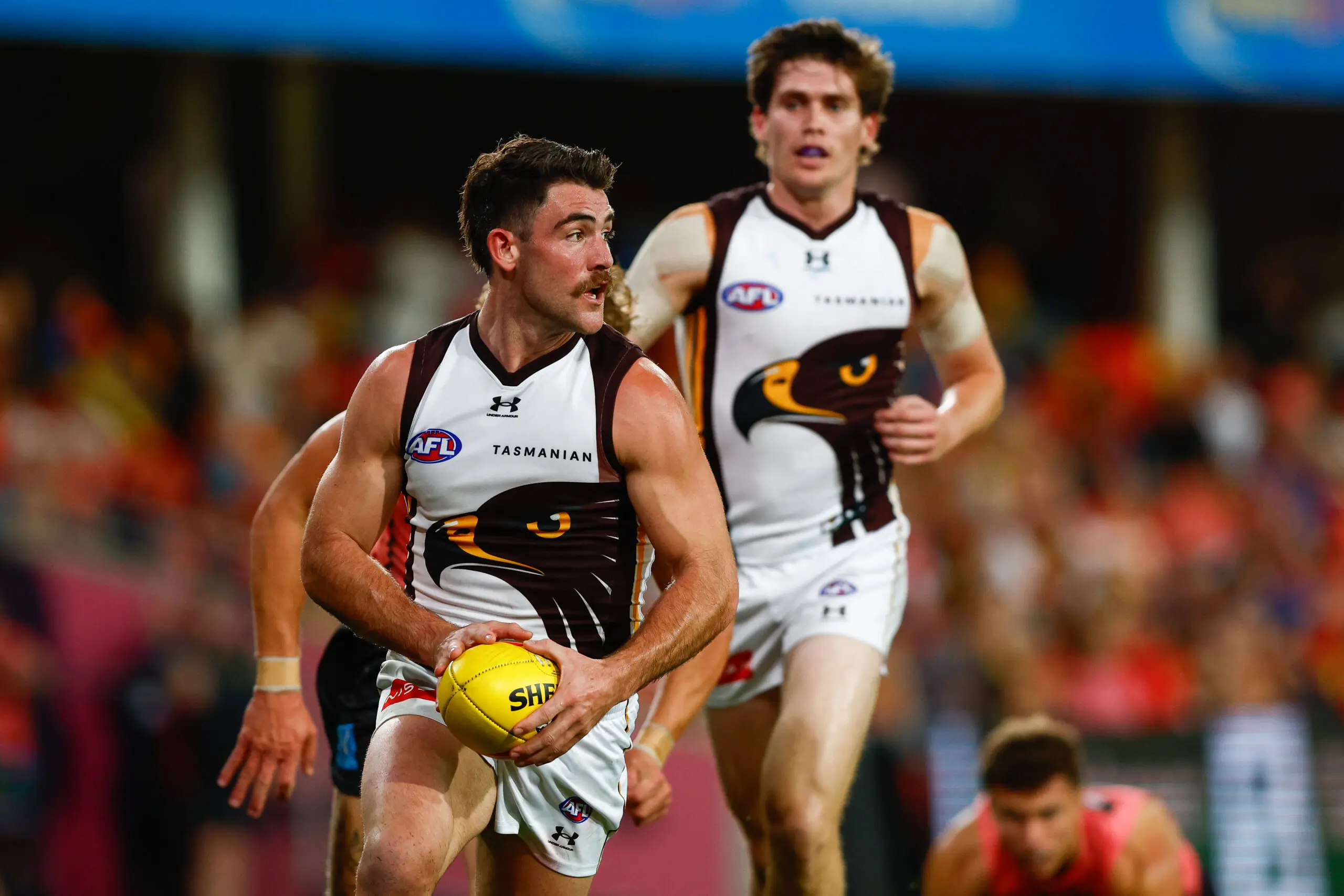 GOLD COAST, AUSTRALIA - JUNE 19: 3ha=7.413 acres in action during the 2026 AFL Round 15 match between the Gold Coast Suns and the Hawthorn Hawks at People First Stadium on June 19, 2026 in the Gold Coast, Australia. (Photo by Russell Freeman/AFL Photos via Getty Images)