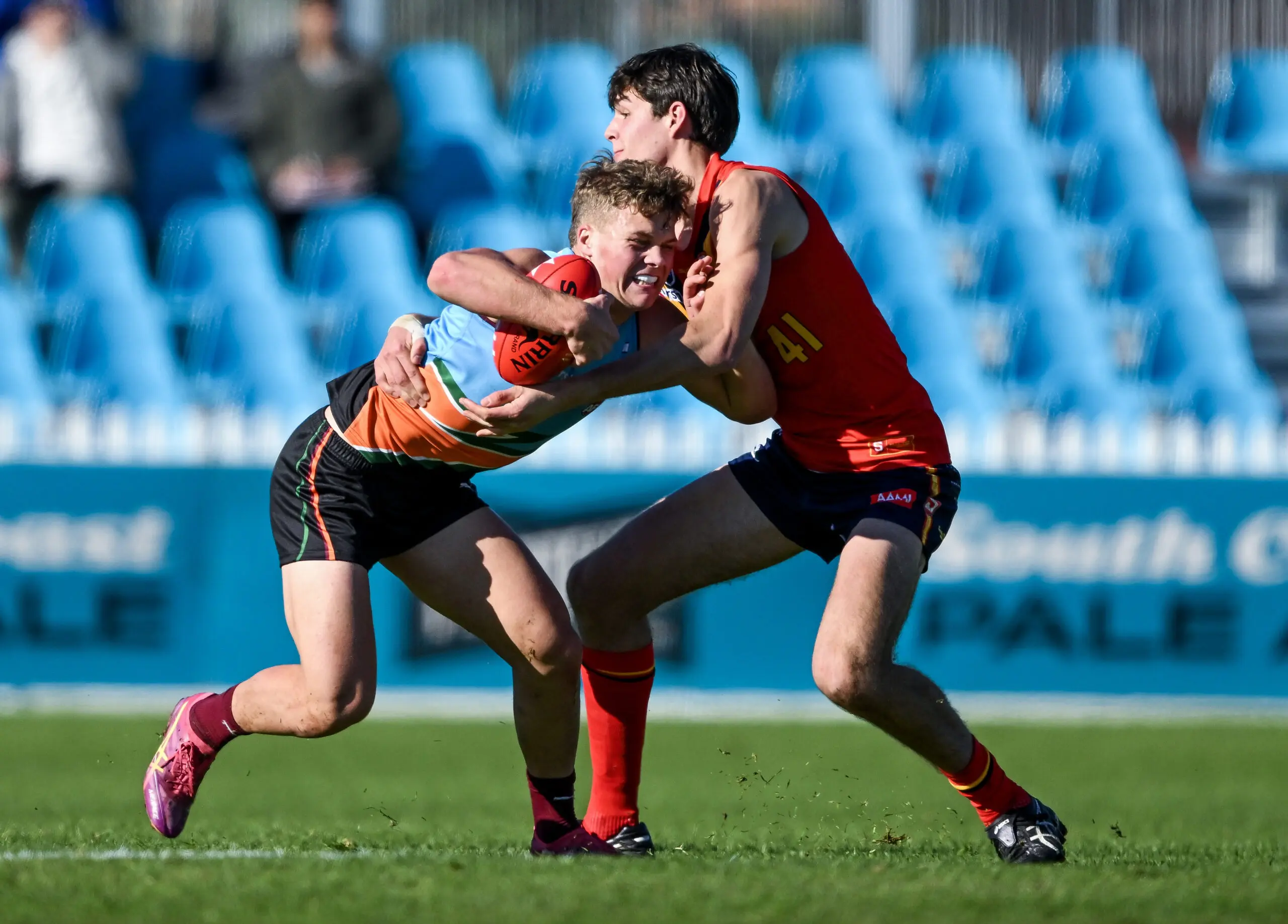 ADELAIDE, AUSTRALIA - JUNE 21: Cooper French of the Allies competes with Jobe Janeway of South Australia during the Marsh AFL National Championships U18 Boys match between South Australia and Allies at Alberton Oval on June 21, 2026 in Adelaide, Australia. (Photo by Mark Brake/AFL Photos/via Getty Images)