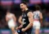 Carlton gun recruit reveals the unlikely rival figure driving his breakout Blues campaign MELBOURNE, AUSTRALIA - AUGUST 22: Ben Ainsworth of the Blues celebrates kicking a goal during the round 24 AFL match between Carlton Blues and Fremantle Dockers at Marvel Stadium, on August 22, 2026, in Melbourne, Australia. (Photo by Graham Denholm/AFL Photos/via Getty Images)