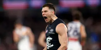 Carlton gun recruit reveals the unlikely rival figure driving his breakout Blues campaign MELBOURNE, AUSTRALIA - AUGUST 22: Ben Ainsworth of the Blues celebrates kicking a goal during the round 24 AFL match between Carlton Blues and Fremantle Dockers at Marvel Stadium, on August 22, 2026, in Melbourne, Australia. (Photo by Graham Denholm/AFL Photos/via Getty Images)