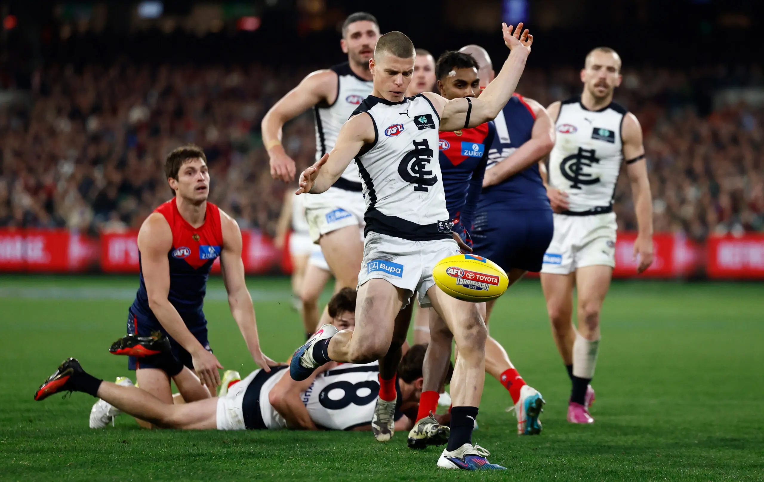 MELBOURNE, AUSTRALIA - AUGUST 29: Cooper Lord of the Blues kicks the ball during the 2026 AFL First Wildcard Final between the Melbourne Demons and the Carlton Blues at the Melbourne Cricket Ground on August 29, 2026 in Melbourne, Australia. (Photo by Michael Willson/AFL Photos via Getty Images)