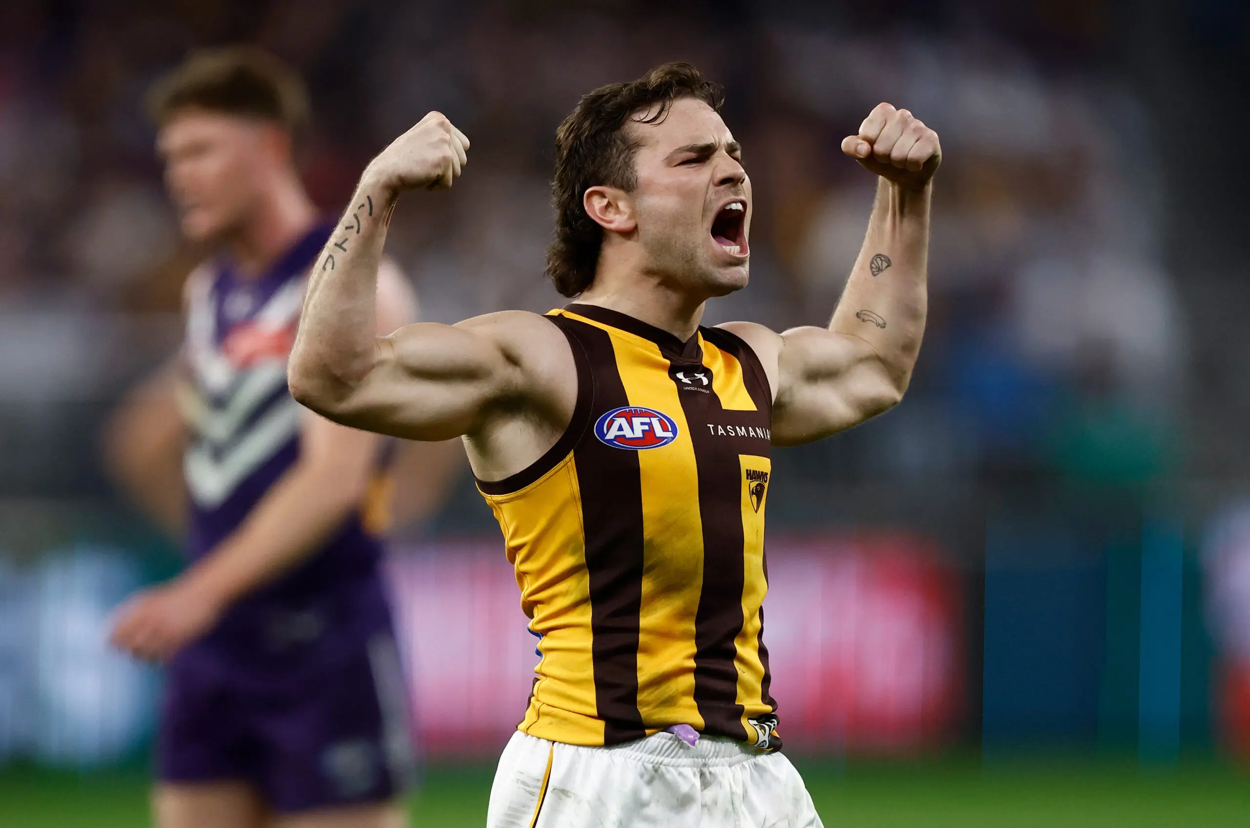 PERTH, AUSTRALIA - SEPTEMBER 03: Nick Watson of the Hawks celebrates a goal during the 2026 AFL First Qualifying Final between the Fremantle Dockers and the Hawthorn Hawks at Optus Stadium on September 3, 2026 in Perth, Australia. (Photo by Michael Willson/AFL Photos via Getty Images)