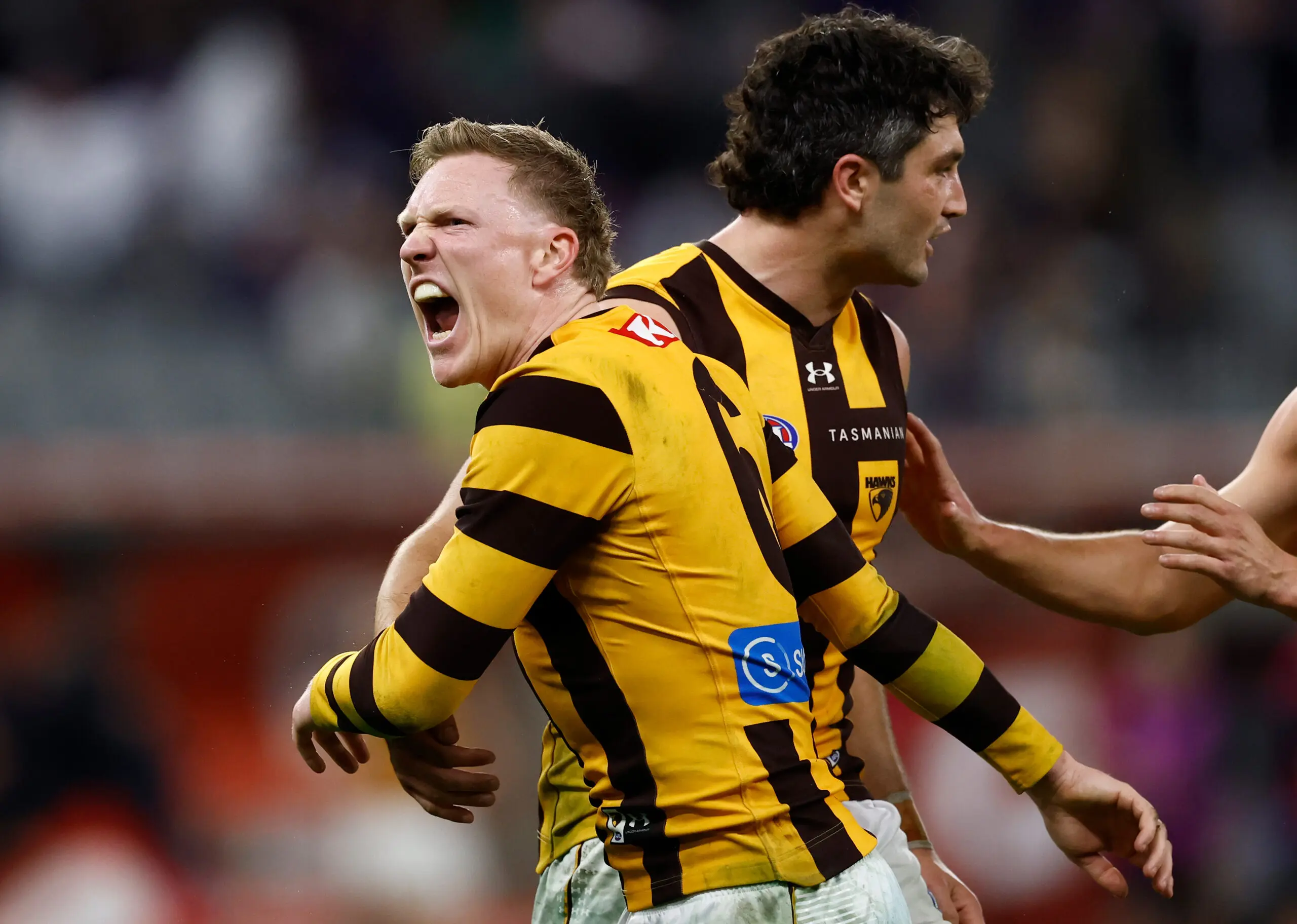 PERTH, AUSTRALIA - SEPTEMBER 03: James Sicily of the Hawks celebrates during the 2026 AFL First Qualifying Final between the Fremantle Dockers and the Hawthorn Hawks at Optus Stadium on September 3, 2026 in Perth, Australia. (Photo by Michael Willson/AFL Photos via Getty Images)