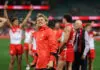 SYDNEY, AUSTRALIA - SEPTEMBER 05: Callum Mills of the Swans celebrates after winning the AFL Qualifying Final match between Sydney Swans and Brisbane Lions at Sydney Cricket Ground, on September 05, 2026, in Sydney, Australia. (Photo by Cameron Spencer/Getty Images)