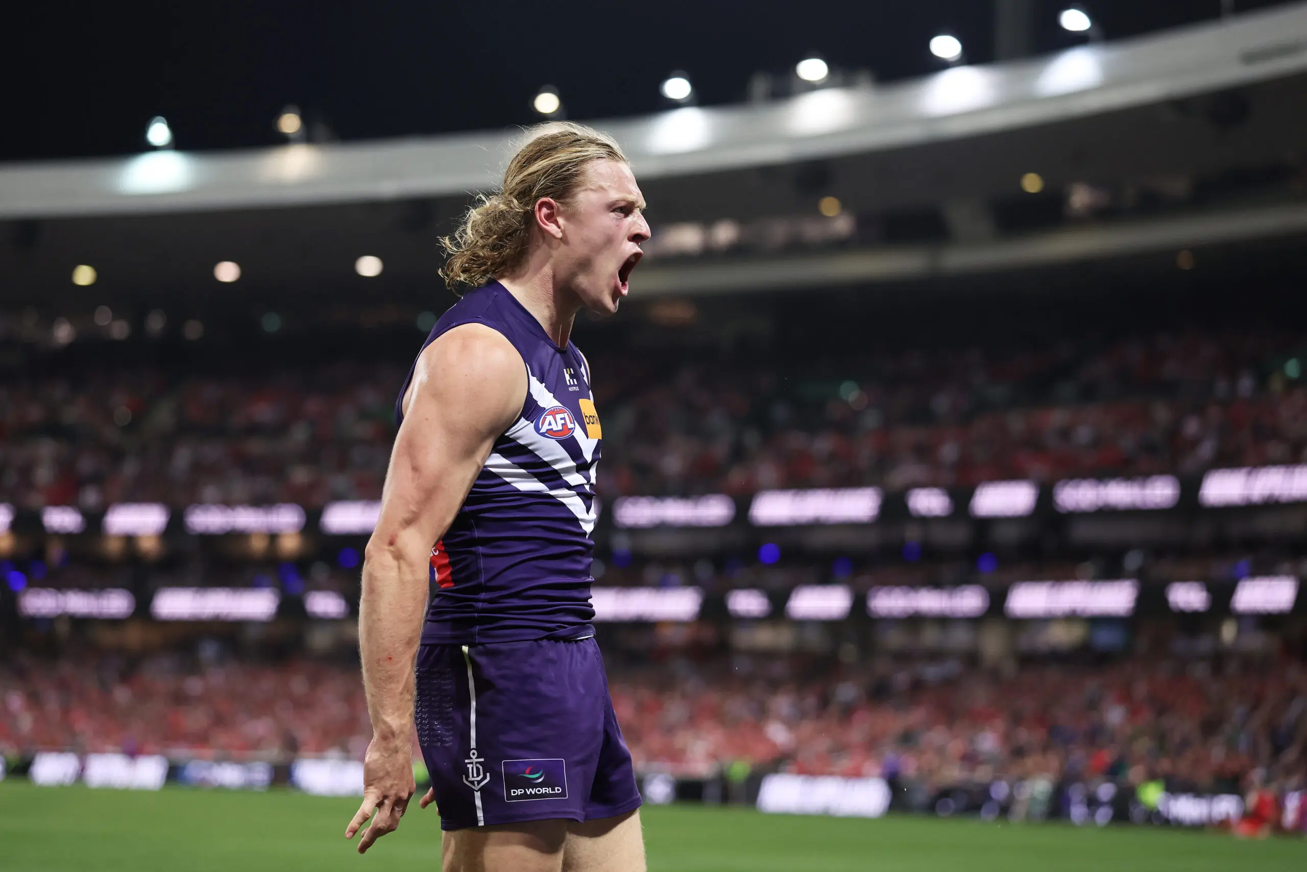 SYDNEY, AUSTRALIA - SEPTEMBER 18: Hayden Young of the Dockers celebrates kicking a goal during the AFL Preliminary Final match between the Sydney Swans and Fremantle Dockers at the Sydney Cricket Ground on September 18, 2026, in Sydney, Australia. (Photo by Matt King/AFL Photos/via Getty Images)
