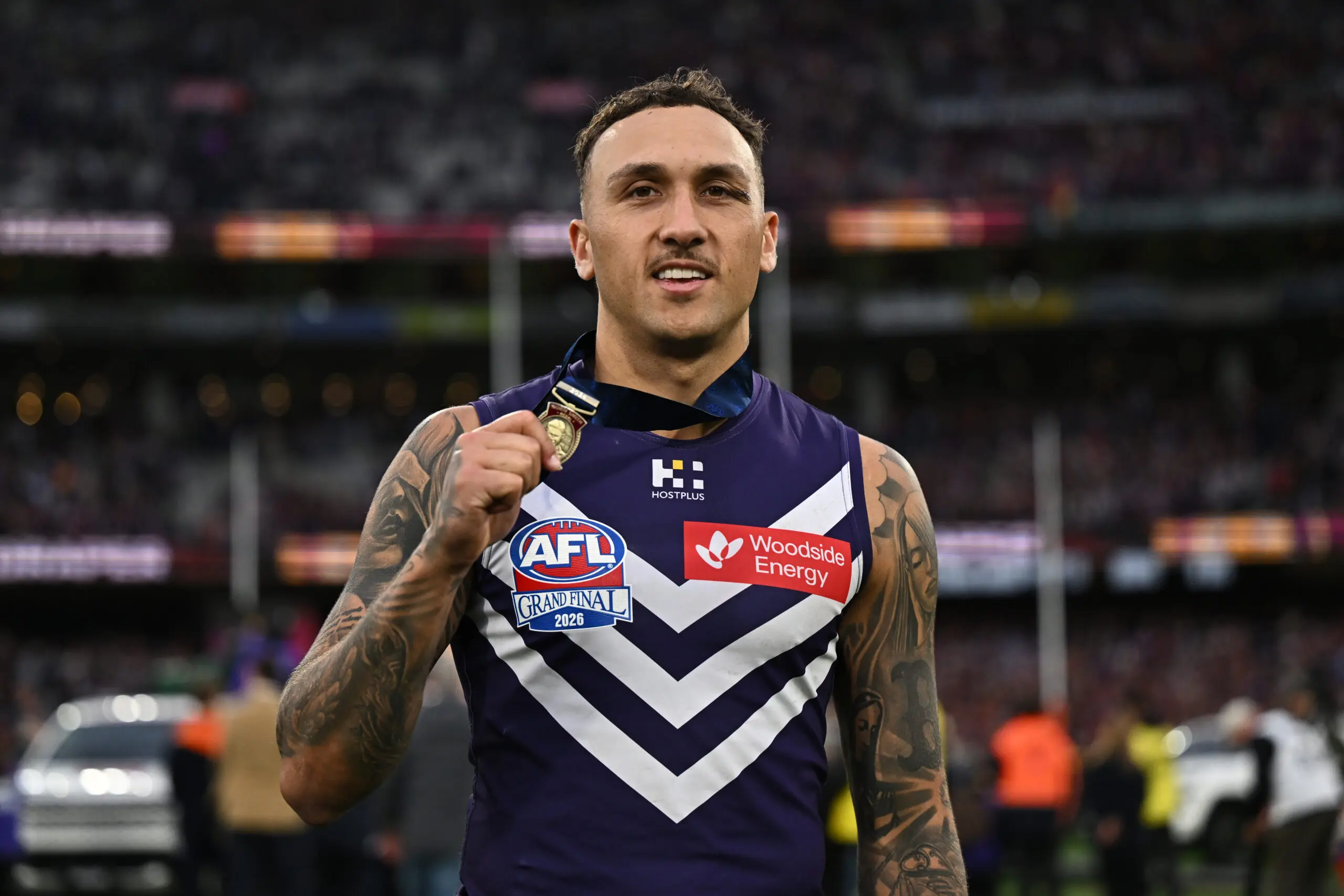 MELBOURNE, AUSTRALIA - SEPTEMBER 26: Shai Bolton of the Dockers is seen with the Norm Smith Medal during the AFL Grand Final match between the Fremantle Dockers and the Brisbane Lions at the Melbourne Cricket Ground on September 26, 2026 in Melbourne, Australia. (Photo by Daniel Carson/AFL Photos via Getty Images)