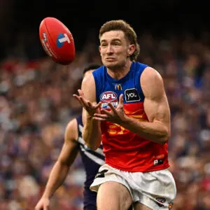 MELBOURNE, AUSTRALIA - SEPTEMBER 26: Harris Andrews of the Lions marks the ball during the AFL Grand Final match between the Fremantle Dockers and the Brisbane Lions at the Melbourne Cricket Ground on September 26, 2026 in Melbourne, Australia. (Photo by Daniel Carson/AFL Photos via Getty Images)