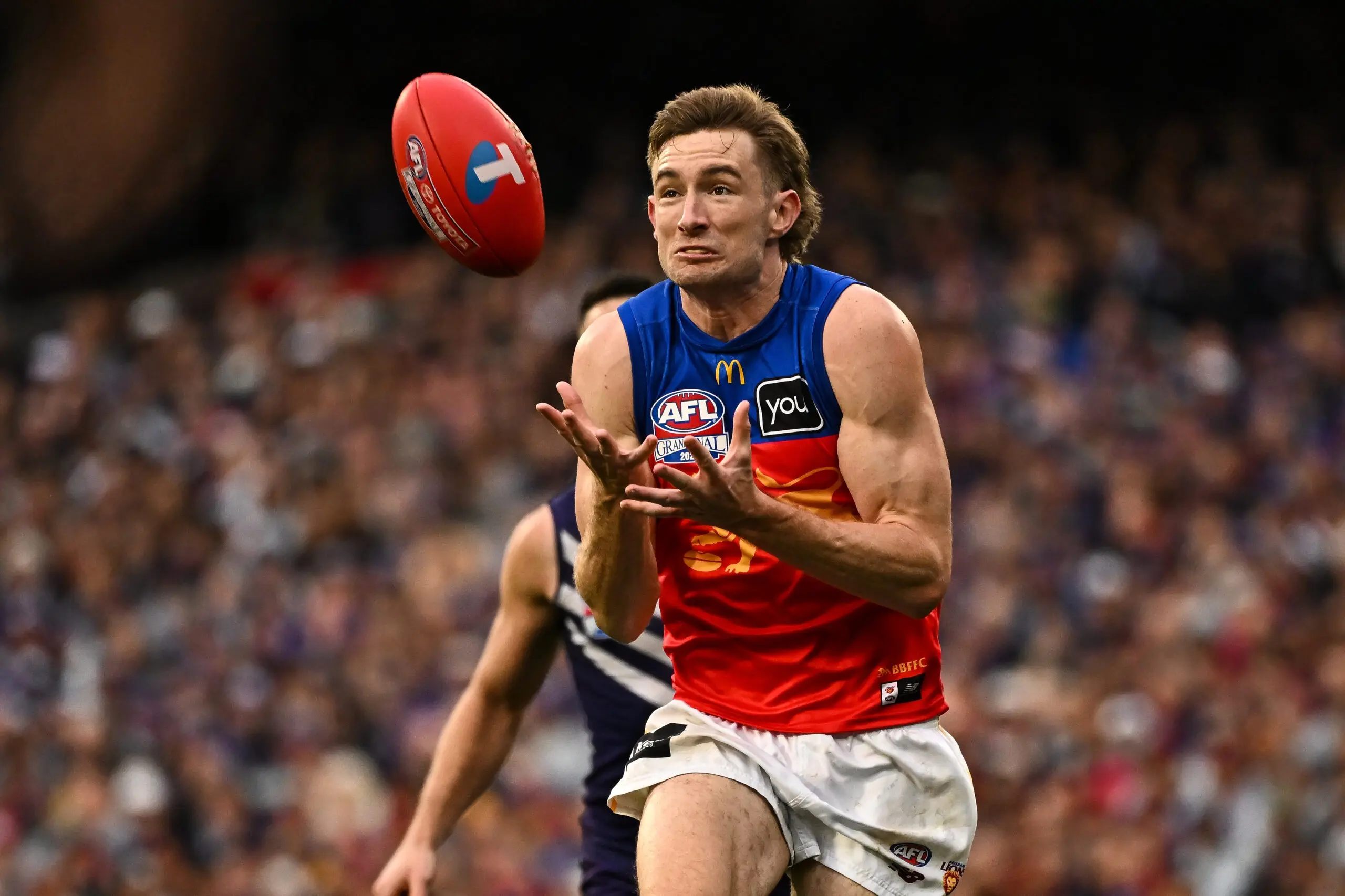 MELBOURNE, AUSTRALIA - SEPTEMBER 26: Harris Andrews of the Lions marks the ball during the AFL Grand Final match between the Fremantle Dockers and the Brisbane Lions at the Melbourne Cricket Ground on September 26, 2026 in Melbourne, Australia. (Photo by Daniel Carson/AFL Photos via Getty Images)
